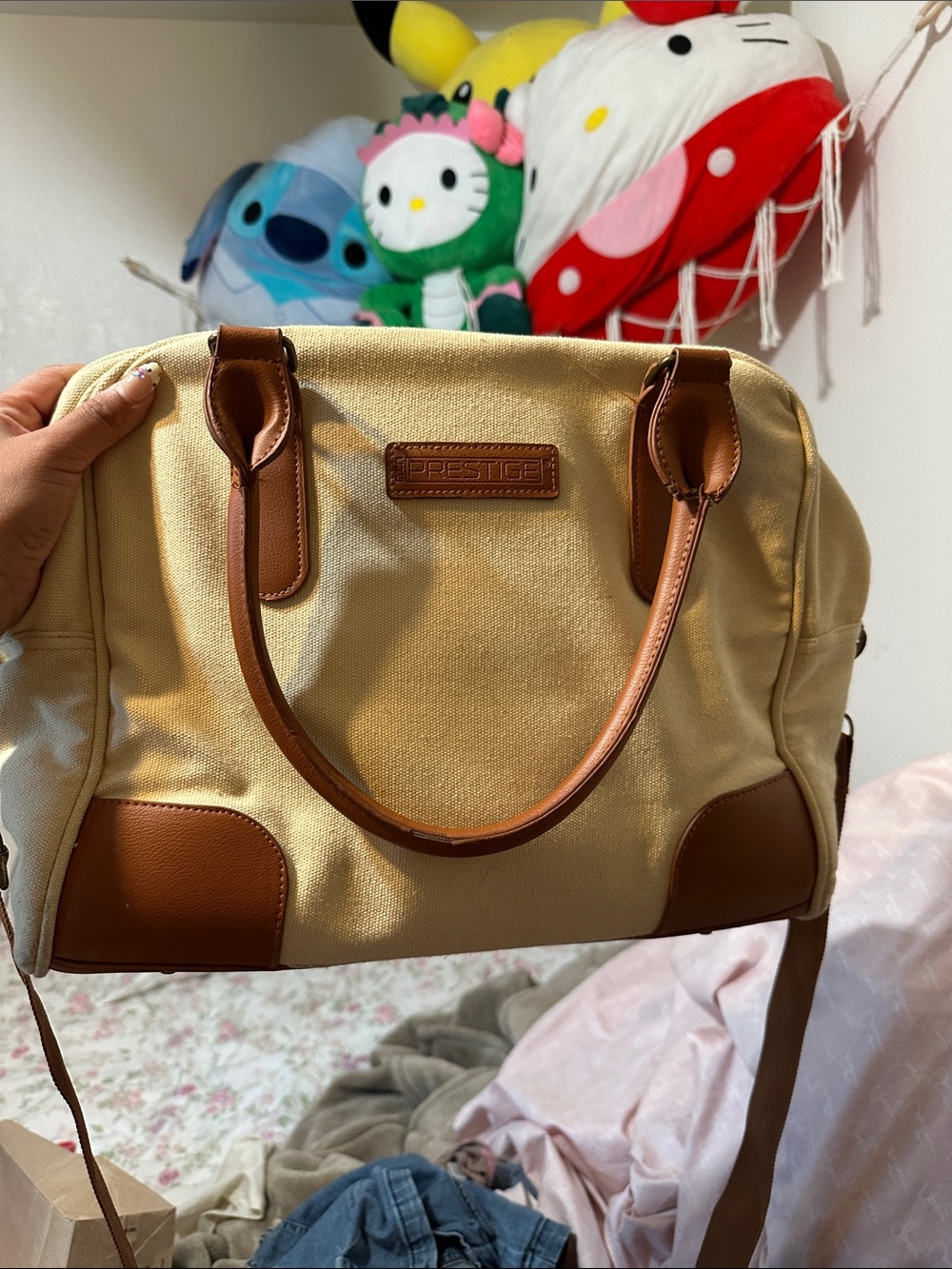 Beige Canvas Tote with Brown Trim